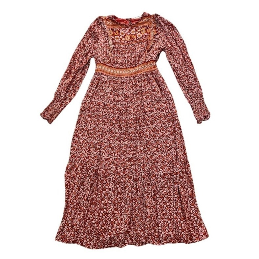 In Loom Maxi Dress Women Large Orange Floral Peasant Cottagecore Smocked Boho